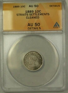 1889 East India Company Straits Settlement 10 Cent ANACS AU 50 Cleaned Details - Picture 1 of 2