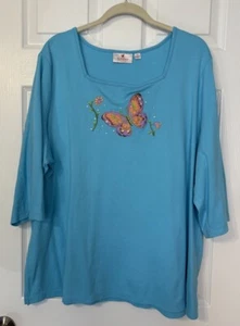 Quacker Factory Blouse Plus 2X Turquoise Blue Embroidered Butterfly Flowers - Picture 1 of 8