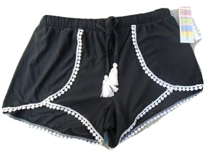Young USA Women's Shorts lace trim tassel tie elastic waist size Large Black - Picture 1 of 1