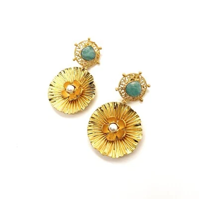 ADIBA Designer 22k Gold Plated Natural Amazonite Pearl Floral Drop  Earrings - Image 1 of 3