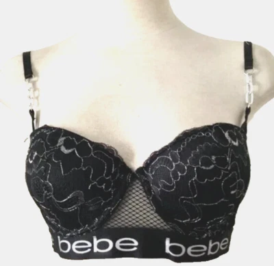 BEBE Lingerie Push up Brassiere Metallic Lace Intimate Bra Chains  Logo Blk 34B - Image 1 of 4