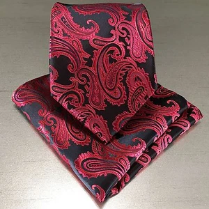 New Men's Black / Red Neck tie and Pocket Square Hankie Set Formal Wedding 600K - Picture 1 of 1