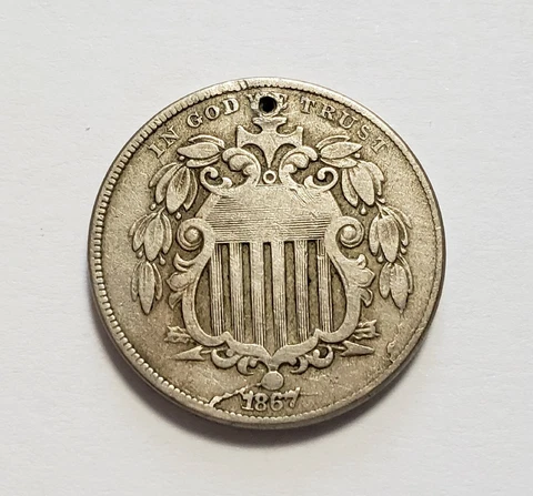 1867 5c Shield Nickel - No Rays - Holed - SKU-Y5436 Cover