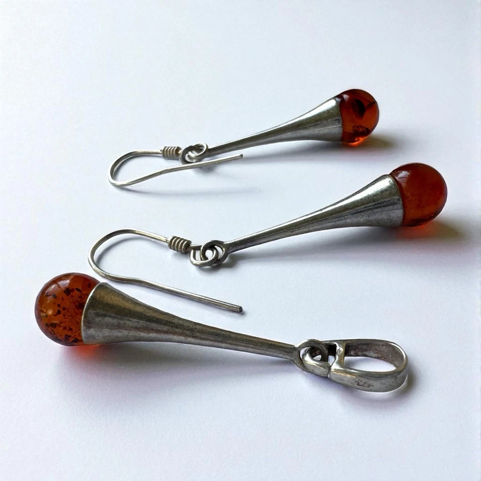 Hermoso juego de pendientes y colgantes de plata de ley 925 con marca y ámbar  Foto 1 de 4