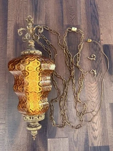 Vintage Mid Century MCM Amber Honeycomb Glass Pendant Swag Light 28”x12” - Picture 1 of 11