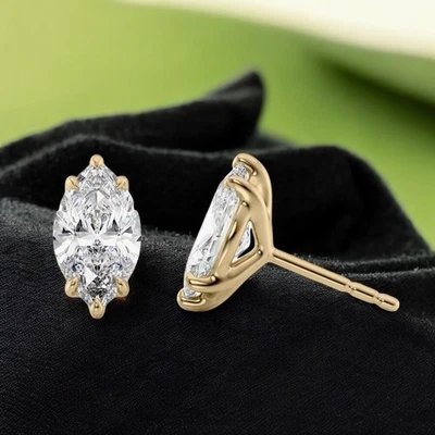 Diamond Gold Earring Lab Grown Marquise 2.00 Carat IGI Certified 18k Yellow - Image 1 of 4