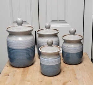Studio Art Pottery Canister 4 Jar Blue Gray Glazed Signed Cottagecore Farm House - Picture 1 of 12