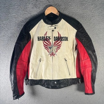 Chaqueta de moto Harley-Davidson café de cuero para mujer L blanca negra estrella de colección Foto 1 de 4