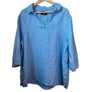 Tahari 100% Linen Button Side Tunic Top 1X Blue Lagenlook V-Neck Collar Shirt - Picture 1 of 6