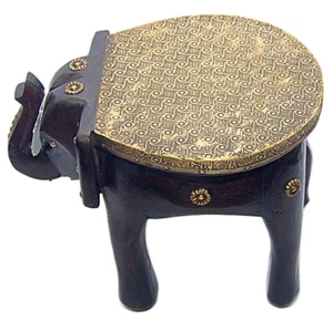 Wooden Elephant Design Stool Brass-Fitted Table Pedestal Table Corner Decor 8 in - Picture 1 of 24