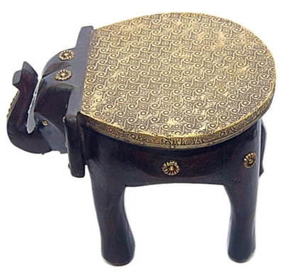 Wooden Elephant Design Stool Brass-Fitted Table Pedestal Table Corner Decor 8 in - Image 1 of 4