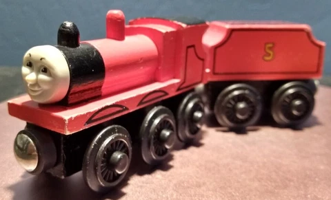 Thomas and Friends Wooden Railway 1996 James Red Train Engine & Tender Used Cover