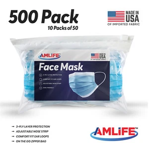 Amlife 500 Pack Disposable Face Mask 3Ply Filter Masks Made in USA Import Fabric - Picture 1 of 7