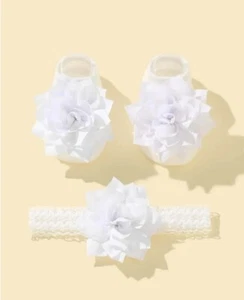 Baby Girl Infant 1pair White Flower Decor Socks & 1pc Headband Christening 0-6M - Picture 1 of 3