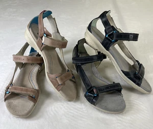 2pr Ecco Sz 9- 9.5 (40) Hill Move Black & Tan Leather Adjustable Strap Sandals - Picture 1 of 15