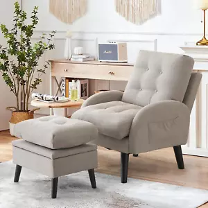 Accent Chairs with Ottoman, Upholstered Comfy Armchair, Reading Chair Recliners - Picture 1 of 8