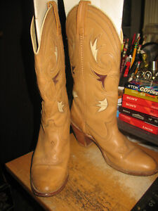 Dingo Western Rodeo Boots Size 8 N Women Tan, w/ Brown White Inlay #7494