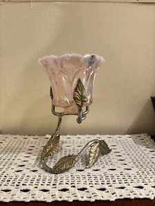 Fenton Art Glass Votive In Metal Stand Holder Pink EUC 6.25” - Picture 1 of 8