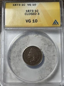 1873 1c ANACS VG-10 Indian Head Cent - Picture 1 of 3