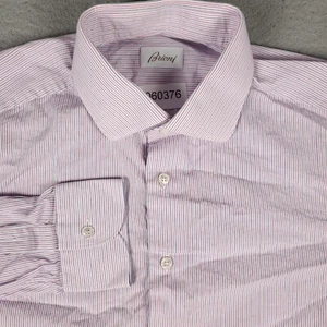 Brioni Shirt Mens Size 16.5 42 Pink Blue Striped Dress Button Up Long Sleeve - Picture 1 of 12