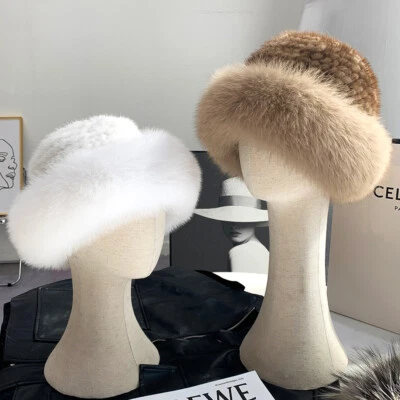 Mujeres Sombrero Cubo de Piel de Visón Real Cálido Gorro Tejido Gorra de Invierno con Ala de Piel de Zorro - Imagen 1 de 4