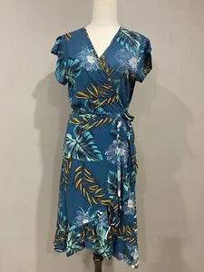 AVA RUBY Green Teal Floral Wrap Dress Size M Ruffle Hem 100% Rayon - Picture 1 of 7