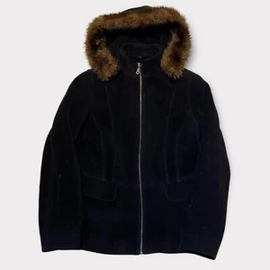 Womens LL Bean Jacket Black M Wool Blend Chore Work Winter Hooded Warm Fleece - Picture 1 of 6