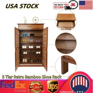5 Tier Retro Bamboo Shoe Rack Storage Shelf Unit Cabinet Entryway Shoe Organizer - Picture 1 of 24