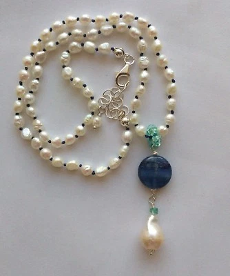 Collana girocollo perle barocca goccia tondo Cianite Apatite Argento 925 - Immagine 1 di 2