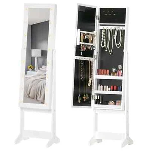 Full-Length Vanity Mirror Set LED Light Storage Cabinet Jewelry Cosmetic White - Picture 1 of 12