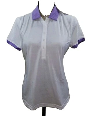 Polo de golf PING, para mujer talla 8, blanco, púrpura, mangas cortas, elástico, NUEVO Foto 1 de 4