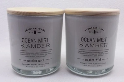 2x 11 oz Scentsational OCEAN MIST & ÁMBAR 1-Mecha de madera vela mediana mezcla de soja Foto 1 de 3