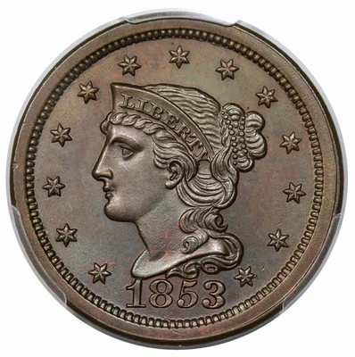 Centavo grande cabello trenzado 1853, N-7, graduación profesional MS64BN CAC Foto 1 de 3