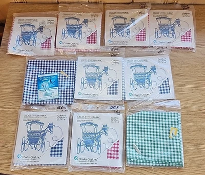 10  Charles Craft Guildford Gingham  Cross Stitch Fabric Green, Blue, Red - Image 1 of 4