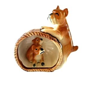 Vintage Japan Porcelain Boxer Dog with Puppies in Basket Figurine 4" Mid-Century - Picture 1 of 10