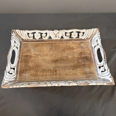 "Bandeja de madera hecha a mano My Mela blanco lavado estilo bohemio 19x12,75x2,5""" Foto 1 de 4