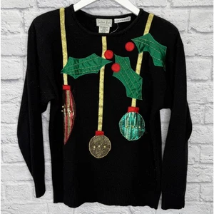 Vintage Colter Bay Womens Christmas Sweater Size M Ornaments Holly Black Wool  - Picture 1 of 5