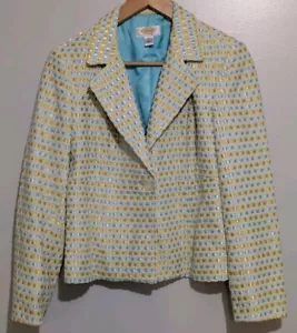Talbots Jacket Blazer Silk Blend Blue Lime Green Ribbon Tweed Plaid Petite 6 - Picture 1 of 13