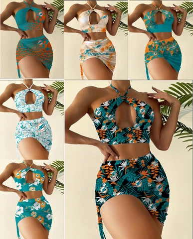 Miami Dolphins 2pcs Halter Neck Bikini Set Slim Cutout Swimsuit Sexy Bodycon Cover