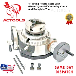 4'' Tilting Rotary Table with 3 jaw Self Centering Chuck 65mm And Backplate Tool - Picture 1 of 13