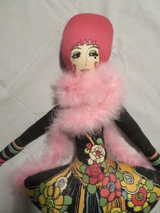 Muñeca Grande De Colección Art Deco Mod Kitsch Pelirroja Mujer Tela Rosa Boa 35" - Imagen 1 de 15