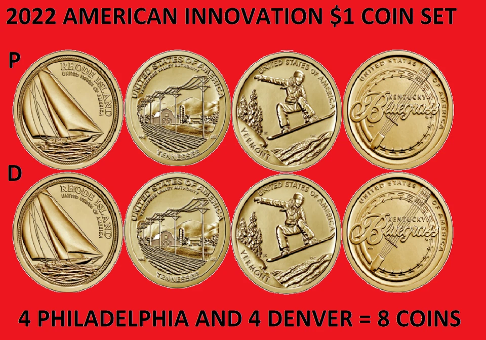 Conjunto de moedas de dólar 2022 American Innovation P&D - 8 moedas não circuladas - Imagem 1 de 1