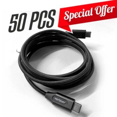 Venta al por mayor Lote de 50 OEM Verizon USB a USB-C Negro 6 pies Cable de datos de carga trenzado Foto 1 de 3