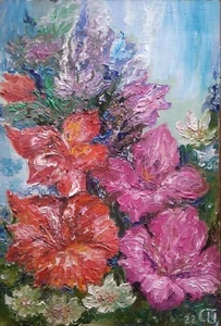 "Gladiolus". Small picture. Oil on fibreboard. Handmade. 7.7x11.2 inch - Picture 1 of 6
