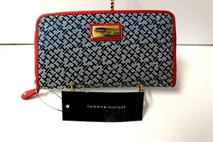 TOMMY HILFIGER Zip-around Wallet Blue TH logo Red trim Accordion style NWT $58 - Picture 1 of 6