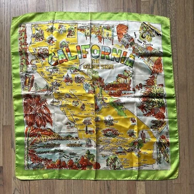 Vintage California Map Silk Scarf Tourist Landmarks Souvenir 28x28 Hand Rolled - Image 1 of 4