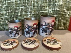VTG Nesting Tin Canisters Winter Victorian Boy & Girl Set of 3 NOS Taiwan ROC - Picture 1 of 11
