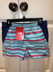 Girls Youth North Face Class V Teal Red Blue Tan Striped Shorts Sz  L 14/16 NWT  - Picture 1 of 3