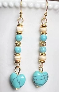 Etched Gold Heart Turquoise Heart Earrings. Love. - Picture 1 of 4