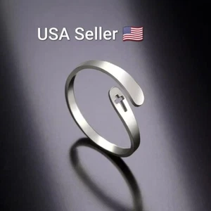 Adjustable Ring with Jesus Cross Silver Women, Men - Picture 1 of 7